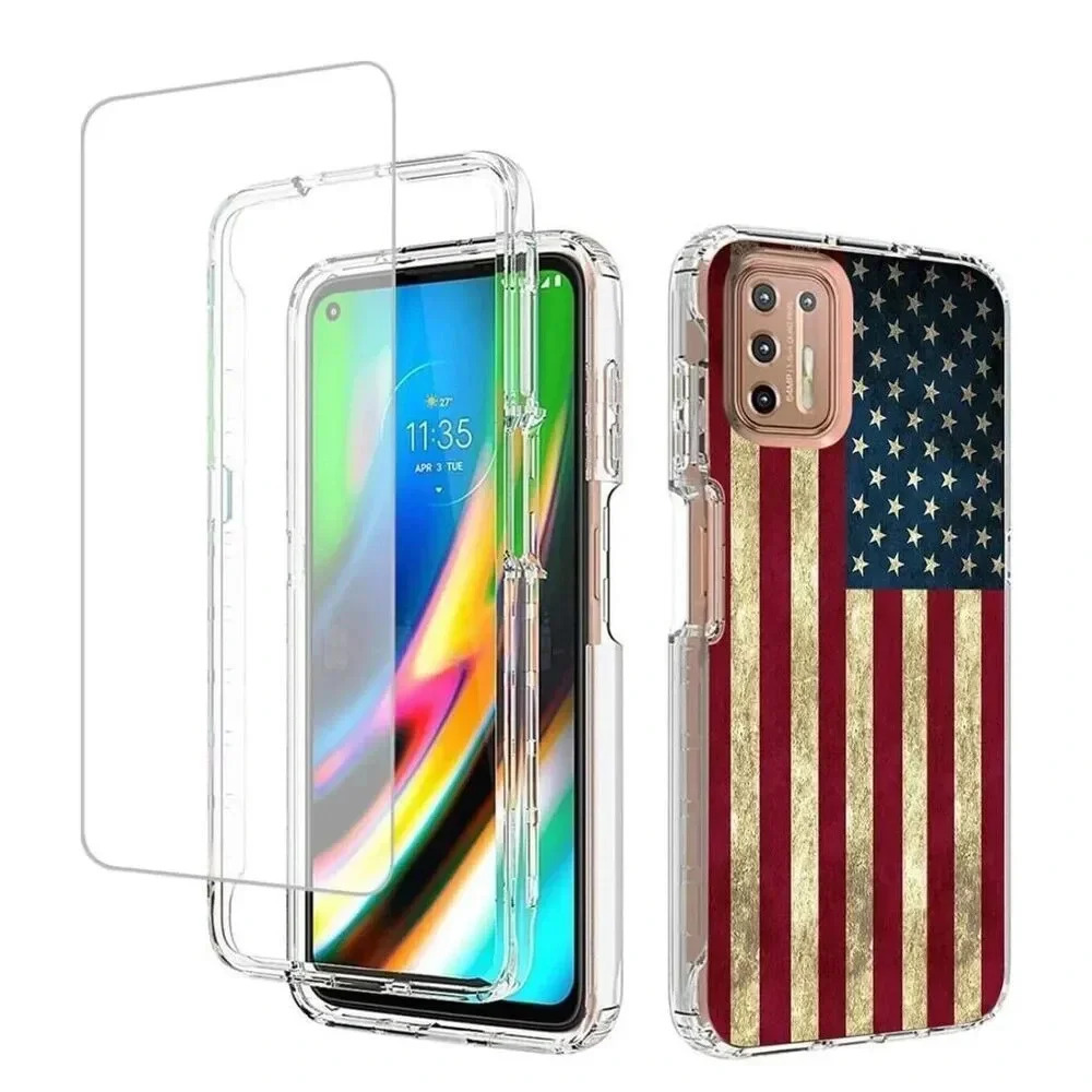 Flag‎ Case For Moto G9 Plus XT2087-1 6.81” With Tempered Glass Screen Protector